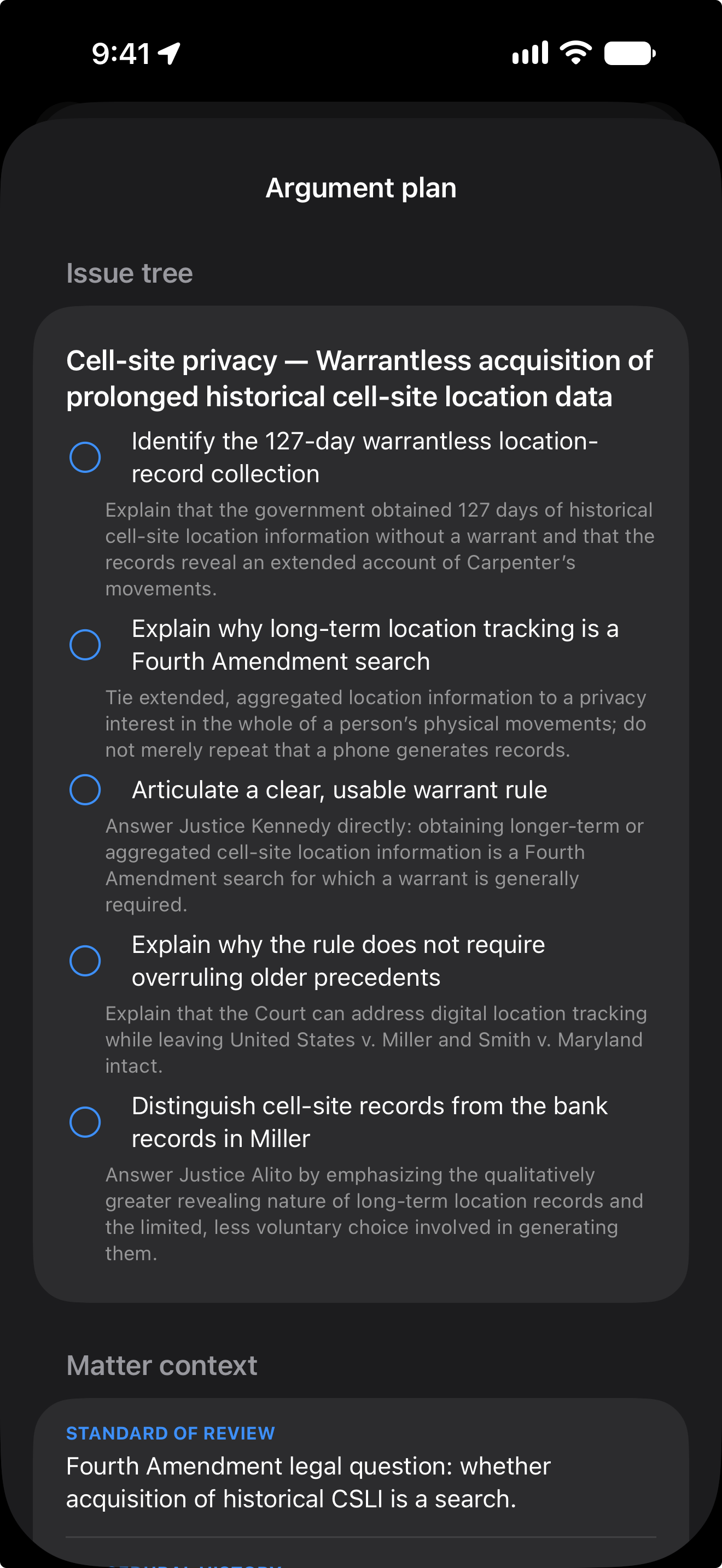 ArgueReady issue tree with prepared oral argument obligations