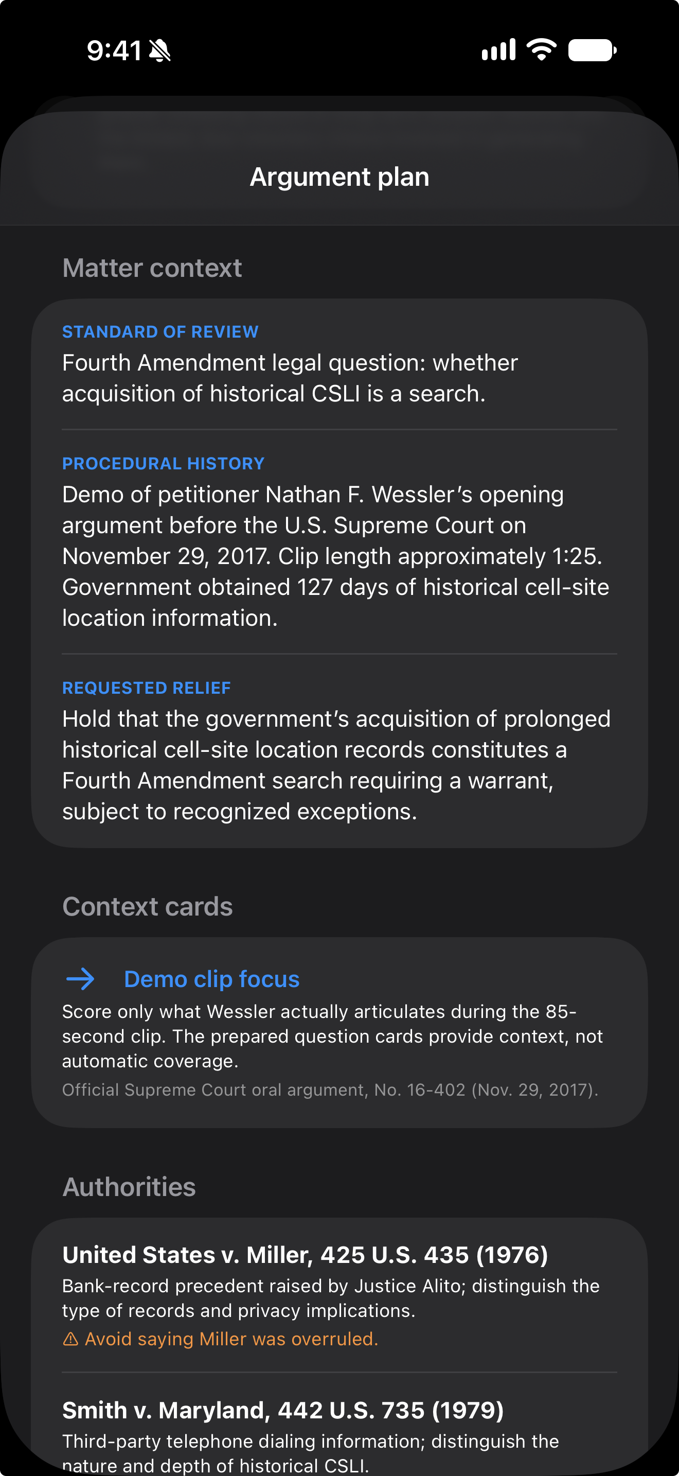 ArgueReady argument plan showing matter context and authorities