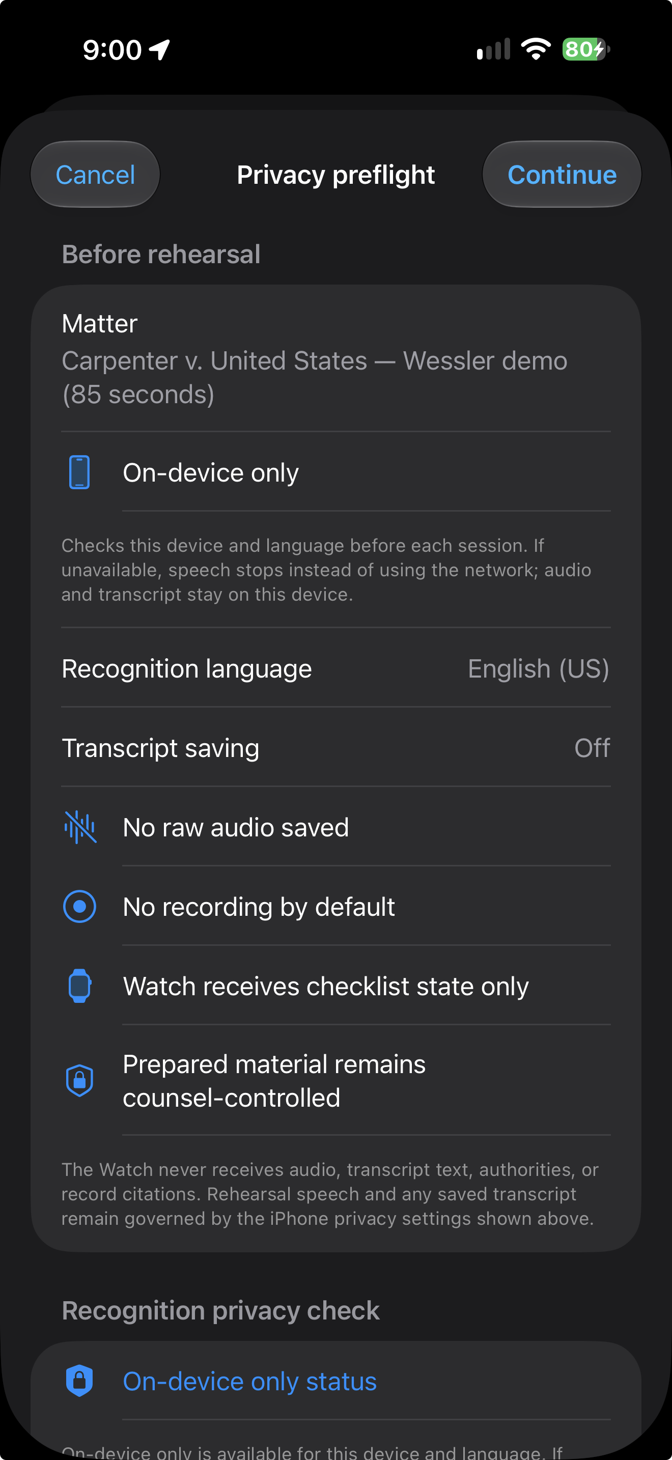 ArgueReady privacy preflight showing on-device recognition and storage choices